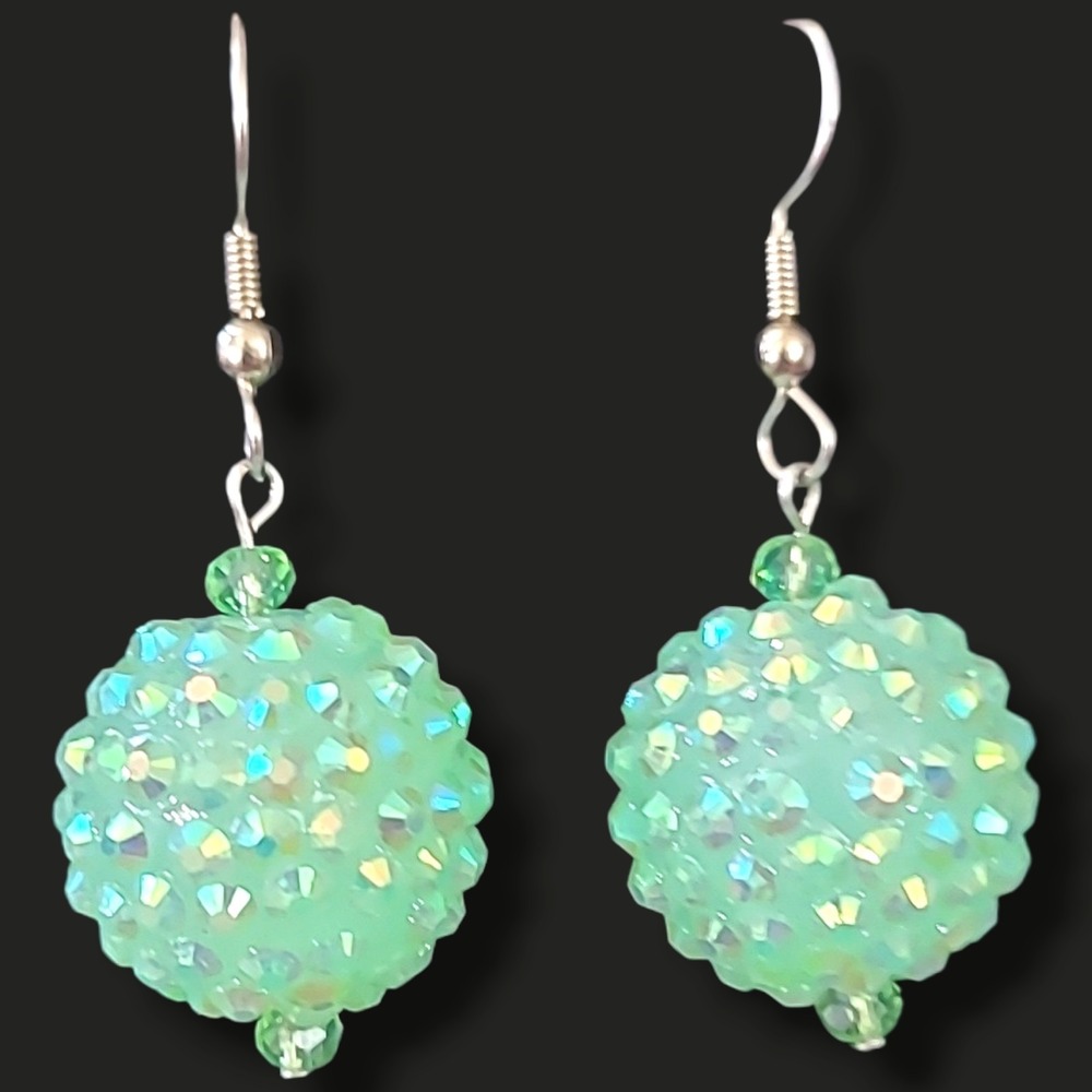 Mint Aqua Green Blue Aurora Borealis Rhinestone Disco Ball Dangle Earrings 2"